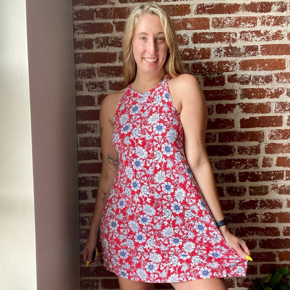 LOFT Red and Blue Floral Midi Dress